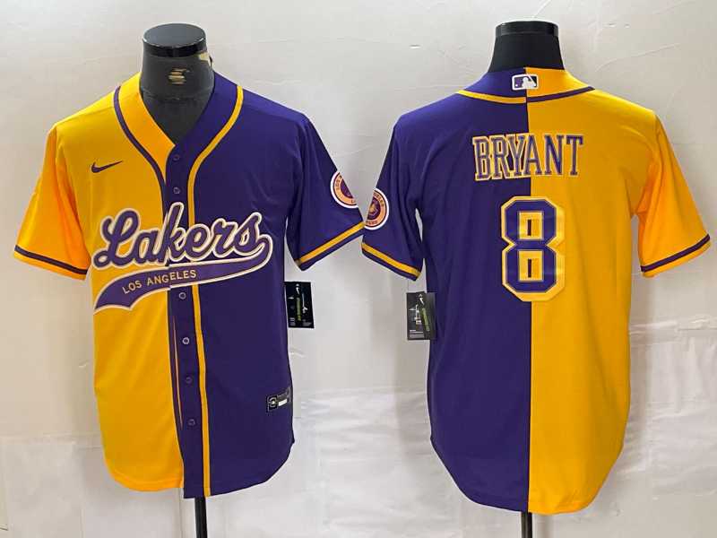 Mens Los Angeles Lakers #8 Kobe Bryant Gold Purple Split Stitched Baseball Jersey->->NBA Jersey